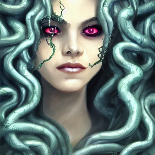 Image similar to medusa portrait painting, wicked smile, artstation, detailed, blurred background