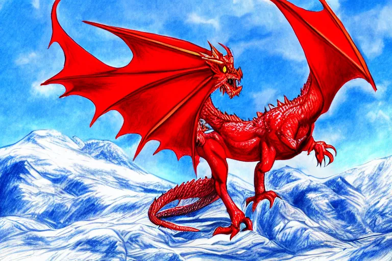 Prompt: Very detailed drawing of a bright red dragon roaring on top of a snowy mountain, blue sky and big sun in the background, highly detailed, trending on artstation