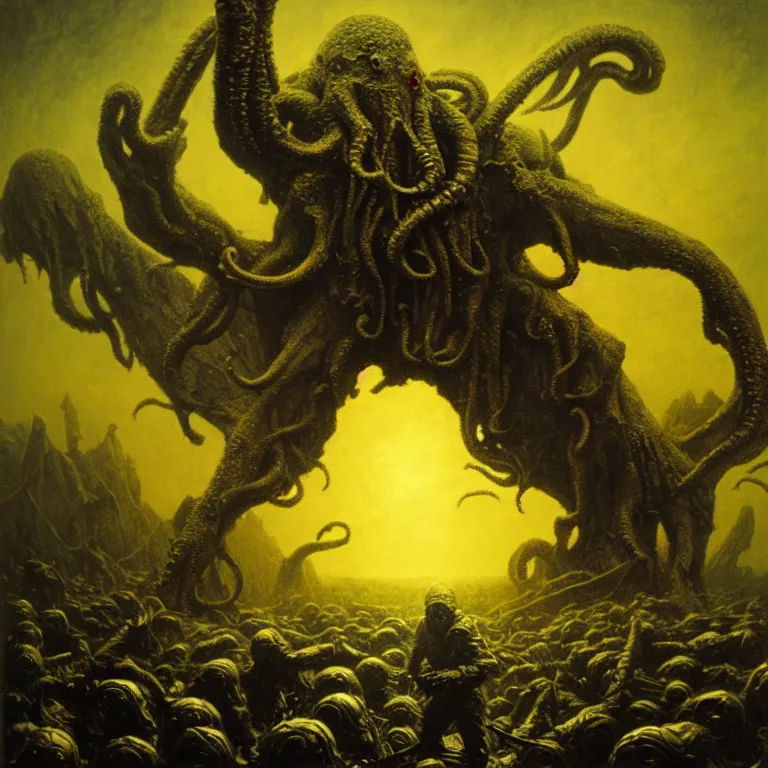 Prompt: a cinematic scene from the cthulhu fighting against the soldiers in nevada test side, lovecraft, concept art by beksinski and jean delville, dramatic lighting, ultra hd, hdr, 8 k