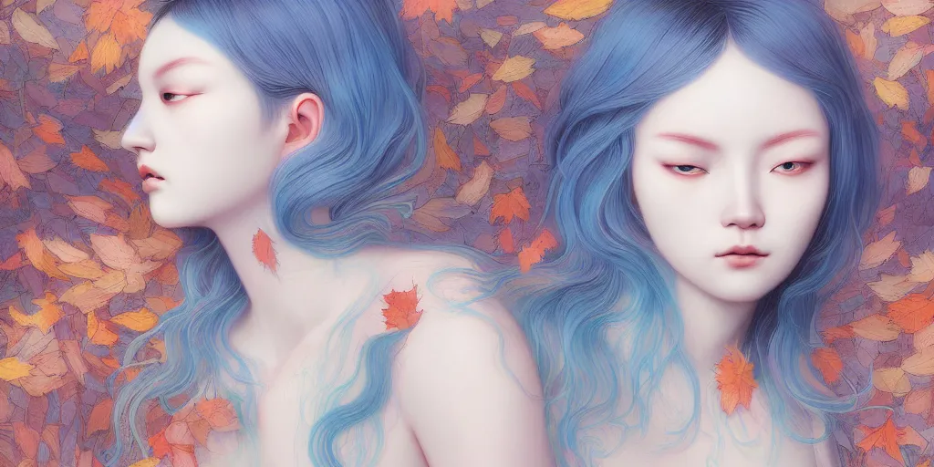 Image similar to breathtaking detailed concept art painting pattern with gradient pastel colors of blue hair faces goddesses amalgamation autumn leaves with anxious piercing eyes, by hsiao - ron cheng and james jean, bizarre compositions, exquisite detail, 8 k