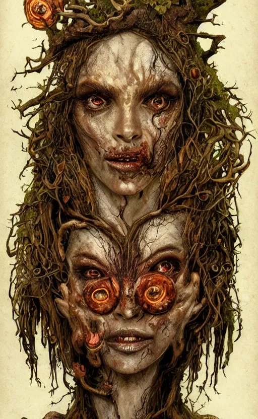 Image similar to portrait of a rotten tree spirit dryad with a beautiful face and flaming mouth and eyes, intricate, headshot, mushrooms, fungi, lichen, sketch lines, graphite texture, old parchment, guillermo del toro concept art, justin gerard monsters, intricate ink illustration, artstation