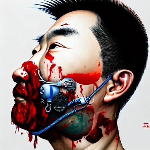 Image similar to portrait of a chinese man :: side profile :: oxygen mask :: blood and ocean intricate details :: 8k :: by vikings and Sandra Chevrier