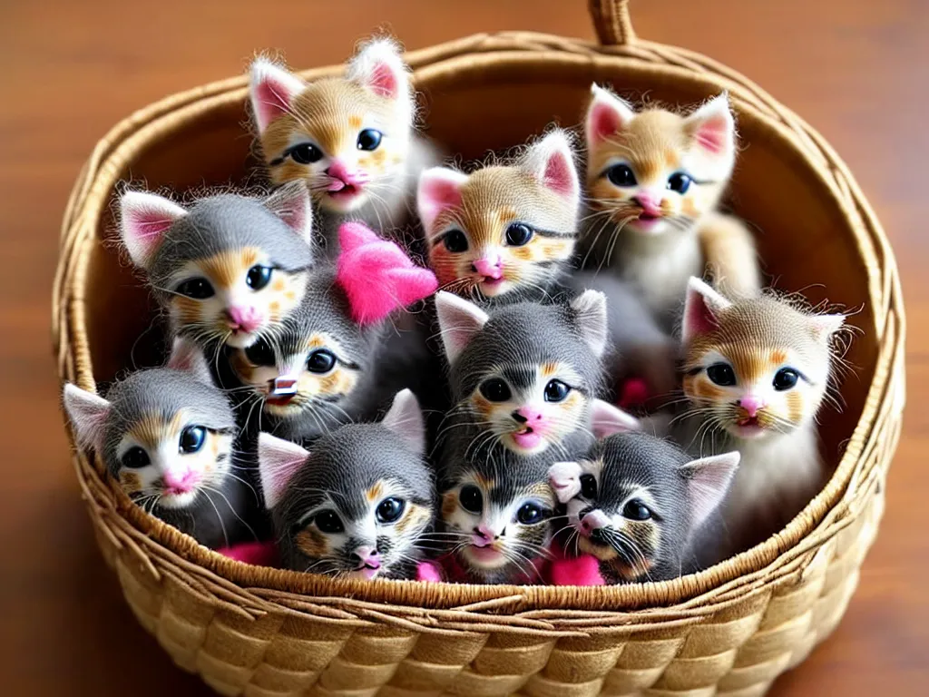 Image similar to a perfect photograph of a basket made of woven kittens, a horrifying concoction of craft, fur, legs and gratuitous nightmares