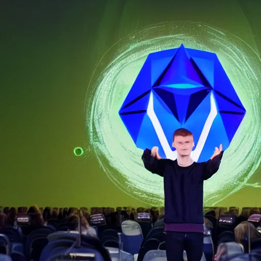 Prompt: Vitalik Buterin as an arcane wizard casting a spell while presenting at a conference, ethereum logo can be seen in the magic - Photo manipulated by DALLE