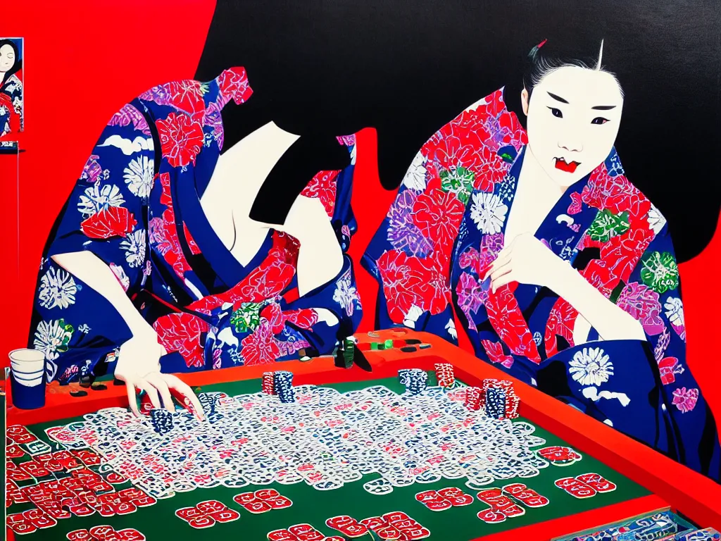 Image similar to hyperrealistic composition of the detailed single woman in a japanese kimono sitting at a extremely detailed poker table with hyperdetailed darth vader, fireworks, mountain fuji on the background, pop - art style, jacky tsai style, andy warhol style, acrylic on canvas