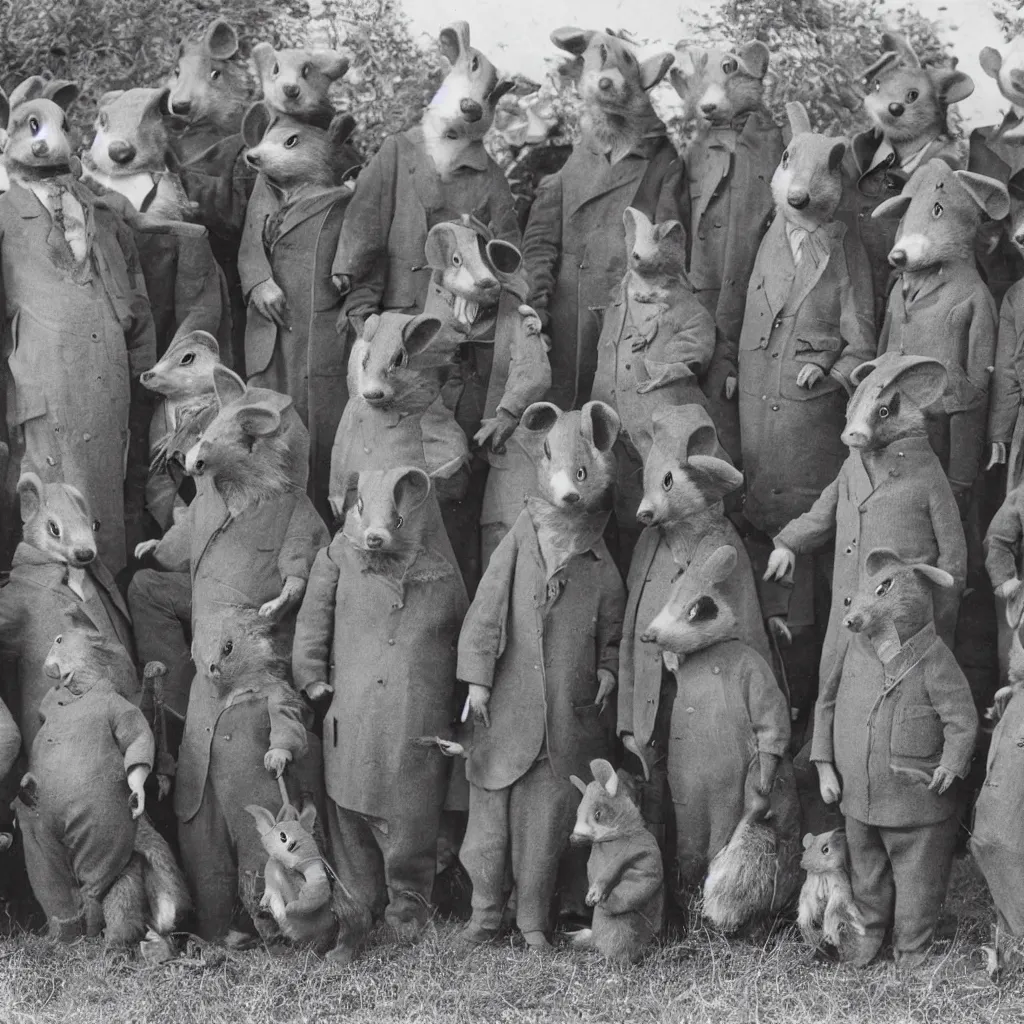 Prompt: a group of badgers in 1 9 4 0 s suits, standing upright like people, anthropomorphic, style of beatrix potter, rendered as a highly detailed photograph