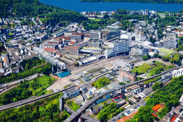 Image similar to bird's eye view photography of a small city. town hall, central farm, monorail station, beach and shipping dock. hills, woods and lake to the north.