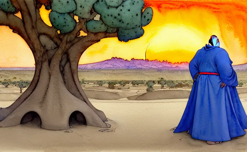 Prompt: a hyperrealist watercolor concept art of a fat medieval monk in grey robes on a bright blue sunny day in the desert. a dimensional portal in the shape of a tree arch is in the background and an orange sunset is seen through the portal. very muted colors, by rebecca guay, michael kaluta, charles vess. high detail, hq, wide shot, 4 k