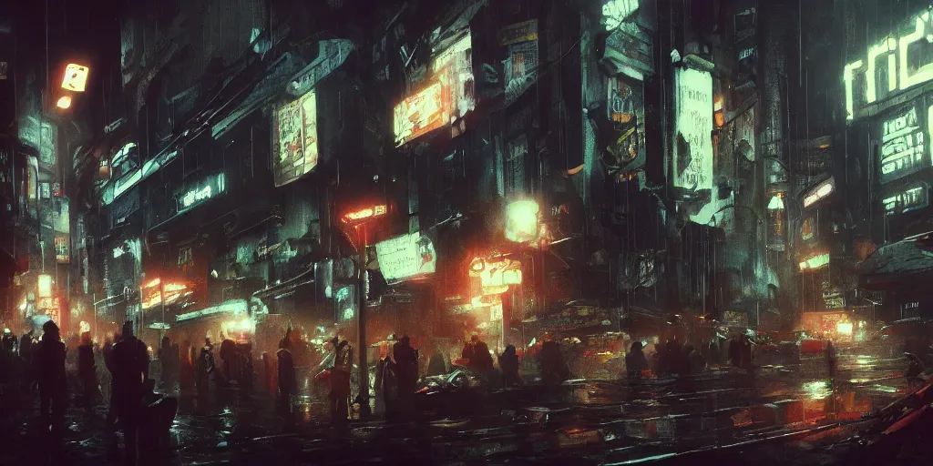 Prompt: busy underground sci - fi flea market, artstation contest winner. blade runner, dark and moody