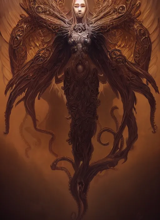 Image similar to a highly detailed illustration of lovecraftian divine angel with hundreds of eyes, horrifying floating looking down pose, intricate, elegant, highly detailed, centered, digital painting, artstation, concept art, smooth, sharp focus, league of legends concept art, wlop.