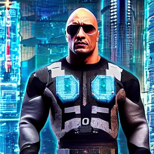 Prompt: the rock in cyberpunk suit