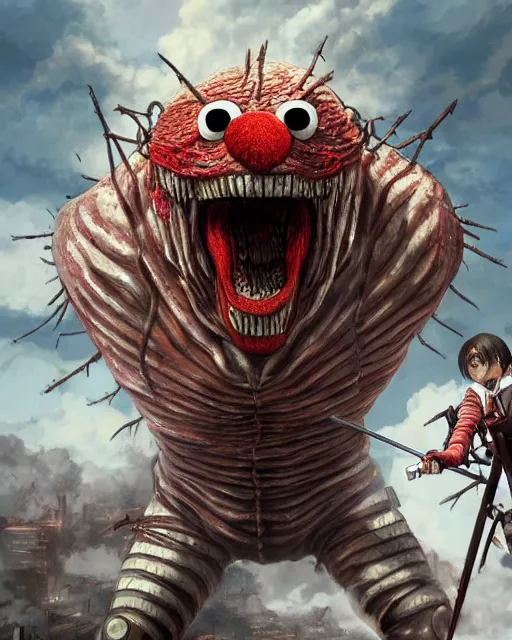 Prompt: still from attack on titan, portrait of elmo from sesame street as a titan from attack on titan, fantasy, intricate, elegant, highly detailed, digital painting, artstation, concept art, smooth, sharp focus, illustration, art by artgerm and greg rutkowski