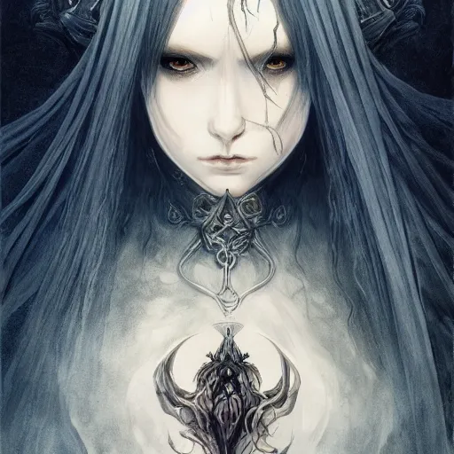 Image similar to portrait of a ranni the witch from elden ring, baroque style, elegant, beautiful, mesmerizing, concept art, highly detailed, artstation, behance, deviantart, inspired by innocent manga, inspired by castlevania concept art, trending, ayami kojima, shinichi sakamoto