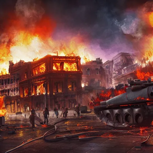 Image similar to City ablaze after cryptic aliens burned the old city center, people panicking and tanks rolling on the streets, cinematic lighting, high quality 8k hd, oil on canvas, hyperralistic art