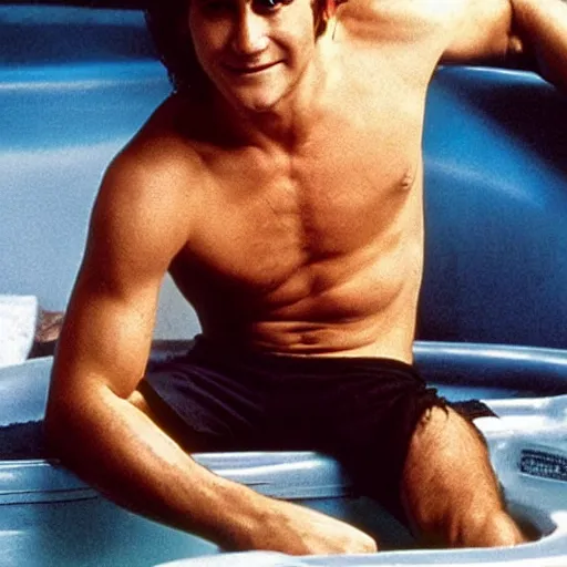 Image similar to a movie poster of Jake Gyllenhaal as patrick Swayze sitting in a hot tub in the movie Road House