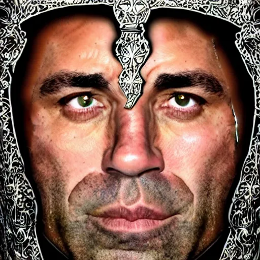 Prompt: joe rogan wearing knights armor, hyper realistic, close up, symmetrical face, 4 k, highly ornate intricate details,