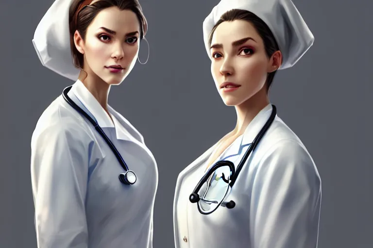 Prompt: a elegant and beautiful female doctor in a white coat in a clinic, cinematic, highly detailed, digital painting, artstation, concept art, matte, sharp focus, illustration, art by artgerm and greg rutkowski