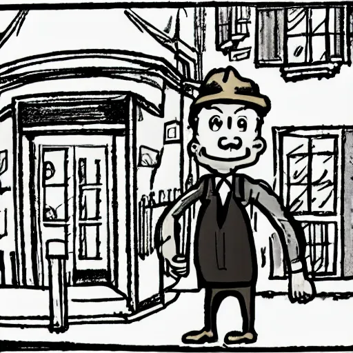 Prompt: a drawing of a man standing in front of a house. He's wearing a shirt and tie, pork pie hat. drawn by Robert Crumb
