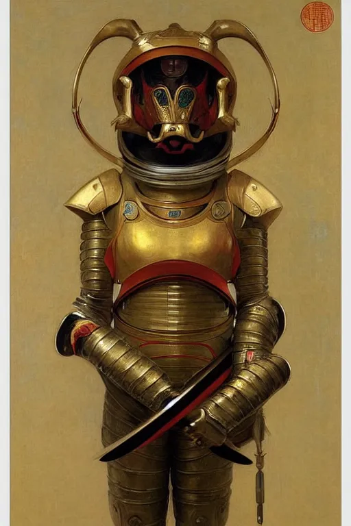 Image similar to portrait of a astronaut is a chinese dragon in armor and helmet, majestic, solemn, luminous accessories, by bouguereau