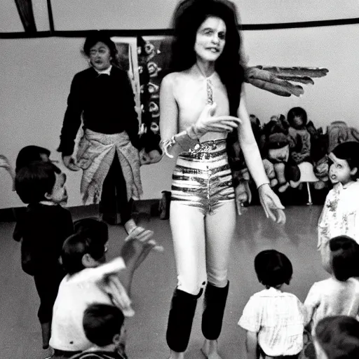 Image similar to an alien leads a round dance with children in a kindergarten of the soviet union, top secret style, old photo, 7 0 s