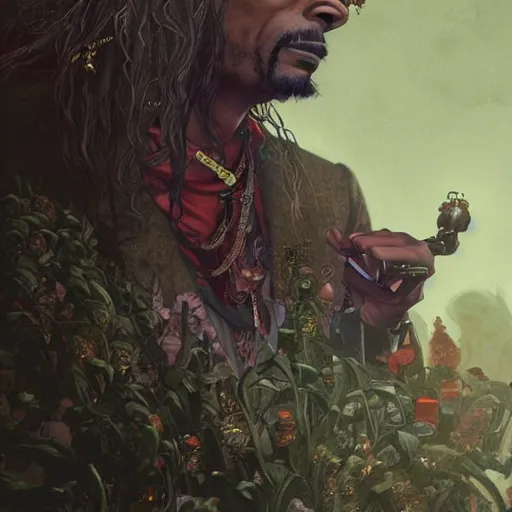 Image similar to Snoop Dogg as a cartoon character, D&D, fantasy, intricate, cinematic lighting, highly detailed, digital painting, artstation, concept art, smooth, sharp focus, illustration, art by Akihiko Yoshida, Greg Rutkowski and Alphonse Mucha