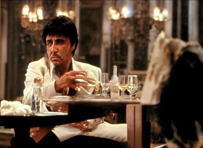 Image similar to tony montana from movie scarface 1 9 8 3 sitting behind a big black oak table with big large packages of flour. long shot. al pacino. perfect symmetric face, coherent eyes, fine details, 4 k, ron cobb. last scene from scarface movie