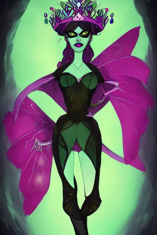 Prompt: vivid colors, bio-luminescent beautiful mysterious evil fairy queen, wearing a crown, in deep black darkness, shining eyes, face by otto schmidt