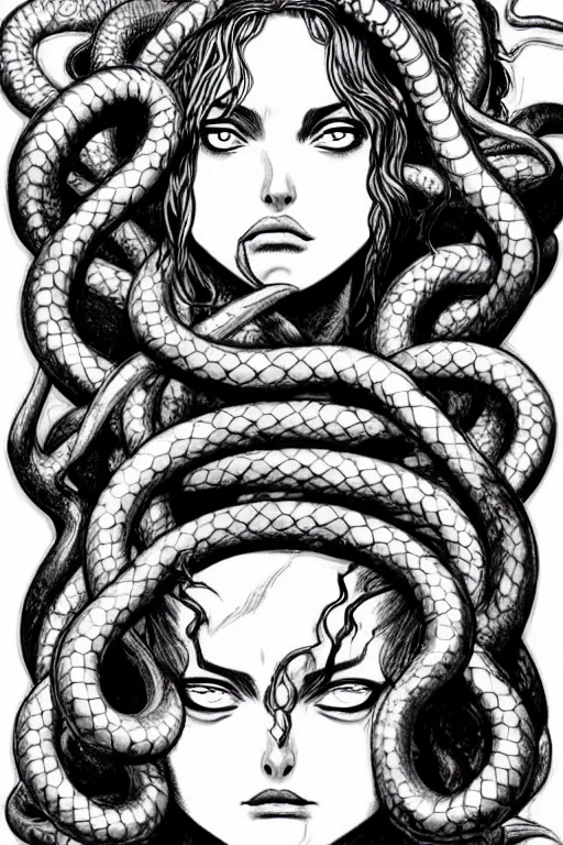 Image similar to beautiful head of medusa from greek mythology in berserk manga, angelina jolie seductive expression, big snakes heads with open mouth, snakes in place of hair, manga drawing, by kentaro miura