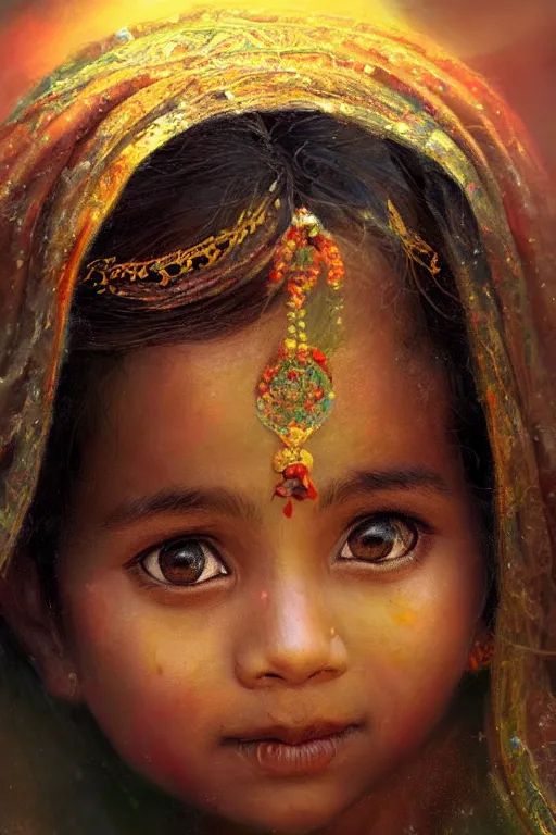 Image similar to hindu little girl, joyful, close - up portrait, intricate, elegant, volumetric lighting, scenery, digital painting, highly detailed, artstation, sharp focus, illustration, concept art, ruan jia, steve mccurry