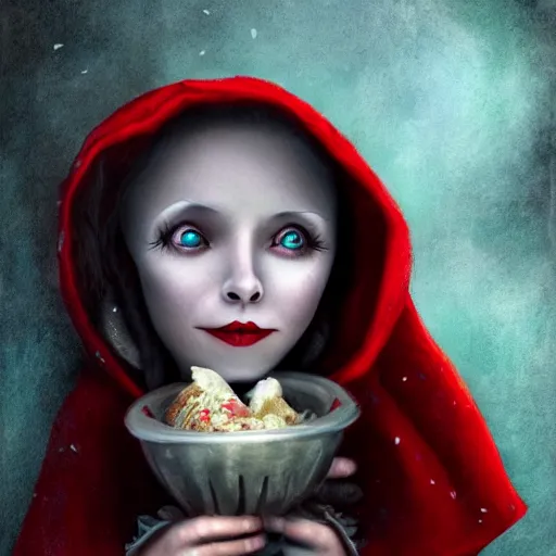 Image similar to little red riding hood by tim burton, 8 k, digital art masterpiece,