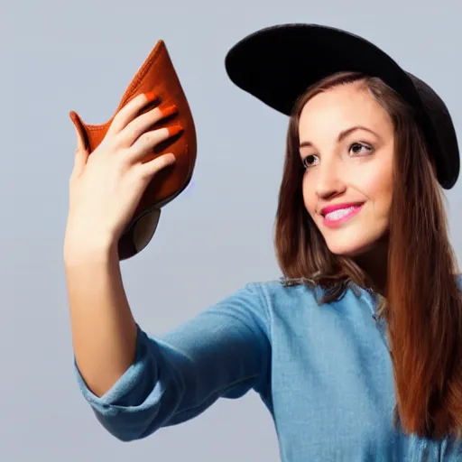 Prompt: Selfie of a woman with a shoe on her head.