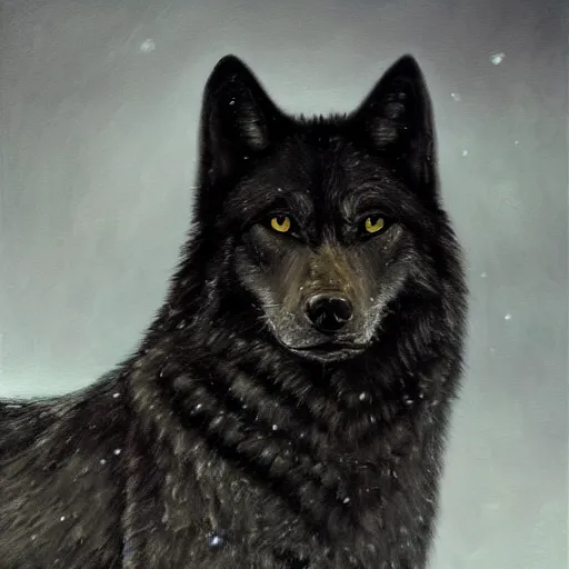 Image similar to Detailed portrait of a beautiful black wolf, dramatic lighting, dark background, bokeh, hyper realistic, HD, oil on canvas