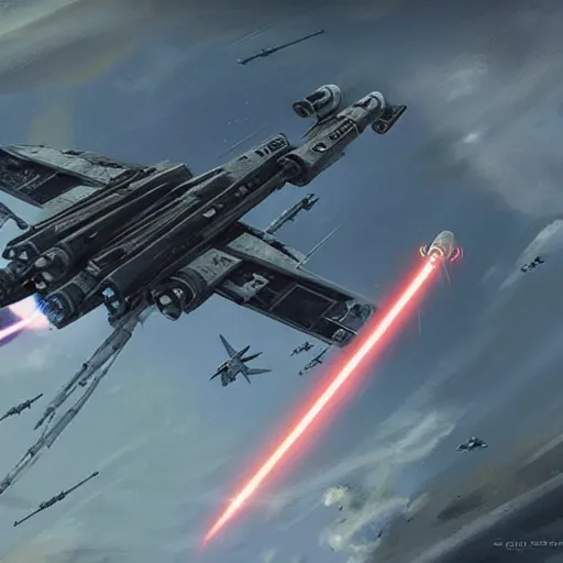 Image similar to concept art of an x wing starfighter from star wars by greg rutkowski