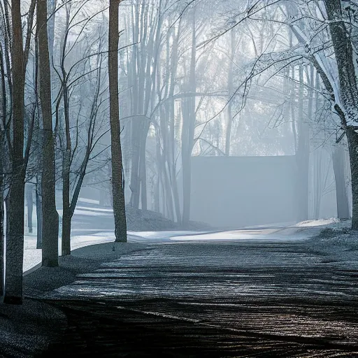 Image similar to augusta national the masters, but during winter completely covered in snow, beautiful ambient light, stunning photography, fog, light rays