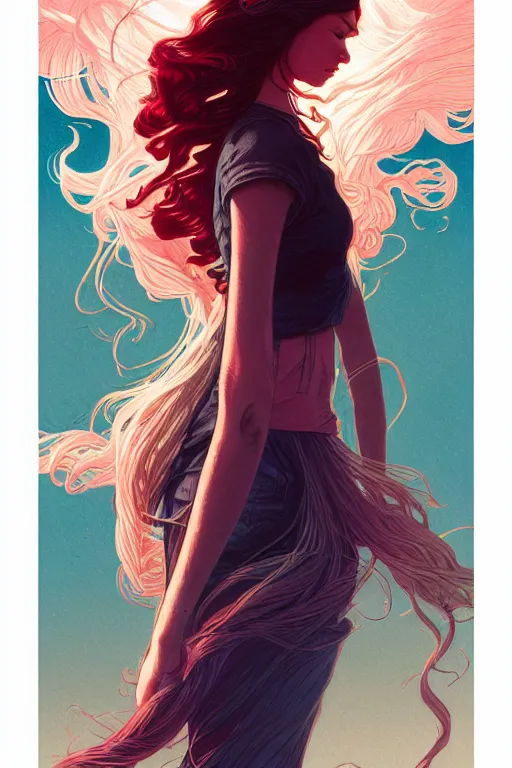 Prompt: concept art design illustration, teen girl walking away alone street flowing hair, sad, fantasy book cover illustration!!, 1 6 colors, logo, ink drawing, 8 k, hyperrealistic, hyperdetailed art by jc leyendecker and sachin teng