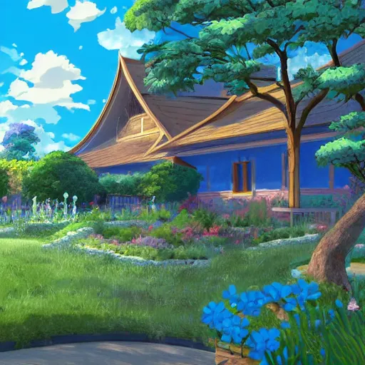 Image similar to a house with a beautiful garden and a blue sky with clouds in anime style, in the style of Lampbo Chun on ArtStation and Son Rice on ArtStation, 4k,