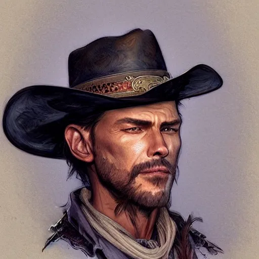 Image similar to a man, cowboy hat, portrait, wild west, fantasy, highly detailed, digital painting, artstation, concept art, sharp focus, illustration, art by artgerm and greg rutkowski and alphonse mucha