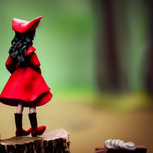 Image similar to a cinematic film still of a claymation stop motion film starring emma watson as little red riding hood, looking at wild wolf, shallow depth of field, 8 0 mm, f 1. 8