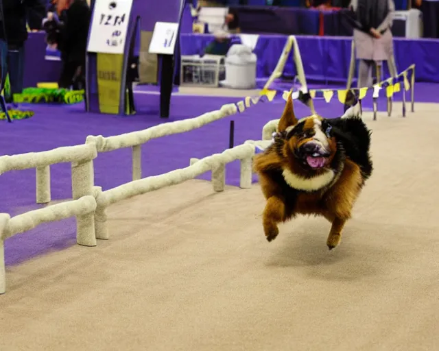 Prompt: gromit running the agility course at the westminster kennel club dog show