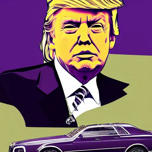 Image similar to portrait of donald trump sitting on a roll's royce, gta 5 artwork, gold chain necklace, very detailed face, purple suit