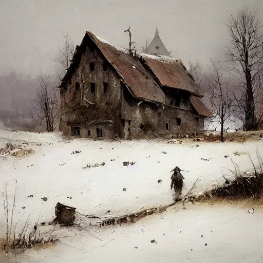 Image similar to painting by jakub rozalski of abandoned village