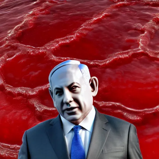 Image similar to a giant benjamin netanyahu sculpture made out of juicy red jelly on ocean surface, long shot, hyper detailed, hyper realistic, ray tracing, 8 k resolution, sharp focus, realistic water, award winning