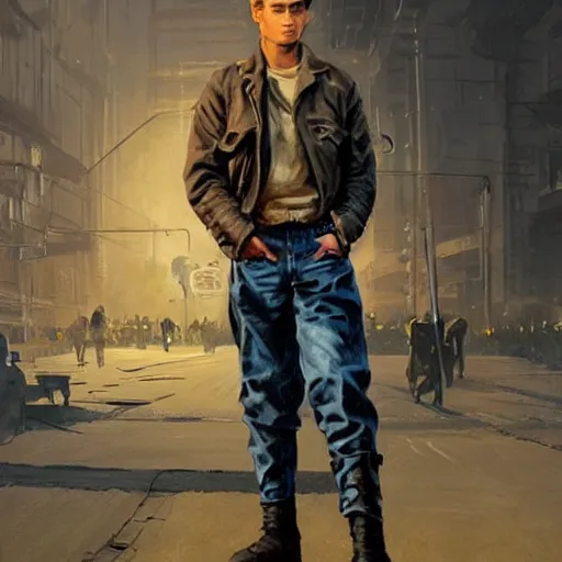 Image similar to a highly detailed epic cinematic concept art CG render digital painting artwork costume design: young James Dean as a well-kept neat anarchist rebel in 1950s USSR mechanic outfit and big boots. By Greg Rutkowski, Ilya Kuvshinov, WLOP, Stanley Artgerm Lau, Ruan Jia and Fenghua Zhong, trending on ArtStation, subtle muted cinematic colors, made in Maya, Blender and Photoshop, octane render, excellent composition, cinematic atmosphere, dynamic dramatic cinematic lighting, aesthetic, very inspirational, arthouse