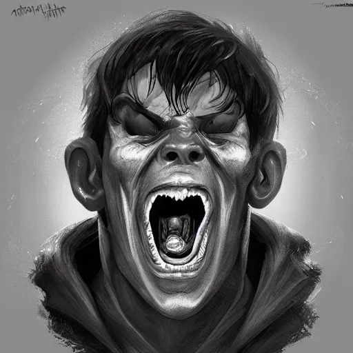 Image similar to his endless screaming makes his own mind eat him up, black and white, artstation, deviantart, pinterest, 8 k