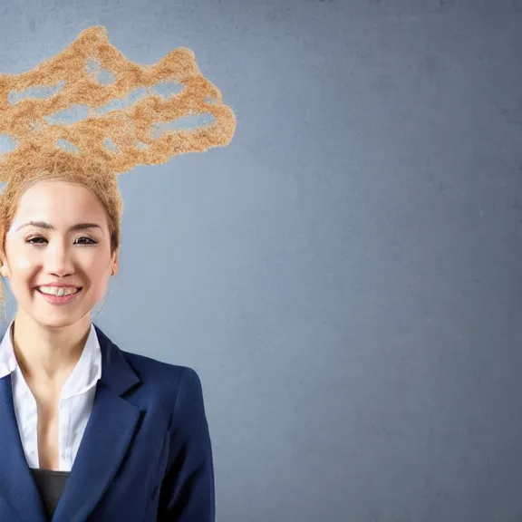 Image similar to portrait of 2 5 - year - old business woman with angle 1 0 0 ° centred looking away breading fresh air, strong spirit and look happy, background soft blue gradian