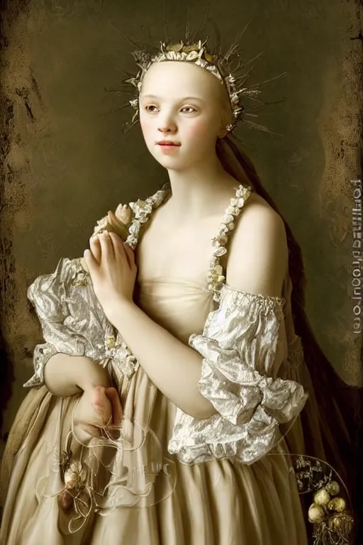 Prompt: beautiful garlic princess portrait, baroque painting, young woman made of garlic, dainty, elegant, garlic clove head