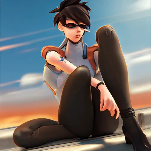 Image similar to digital artwork of tracer sitting on a rooftop, in the style of artgerm, detailed face, expressive face, sitting position, feminine face,
