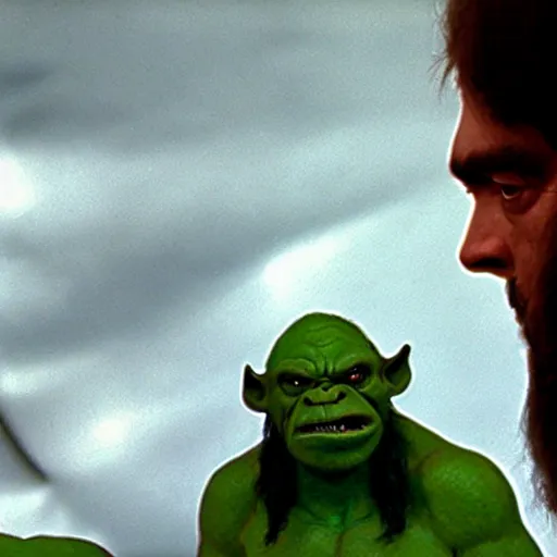 Image similar to green orc in the background kubrick staring at two men having a conversation in the foreground