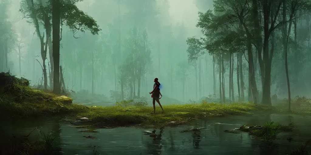 Prompt: an adventurer walking along the river bank in a kerala forest, an epic fantasy, dramatic lighting, cinematic, extremely high detail, photorealistic, cinematic lighting, matte painting, artstation, by simon stalenhag, horizon forbidden west