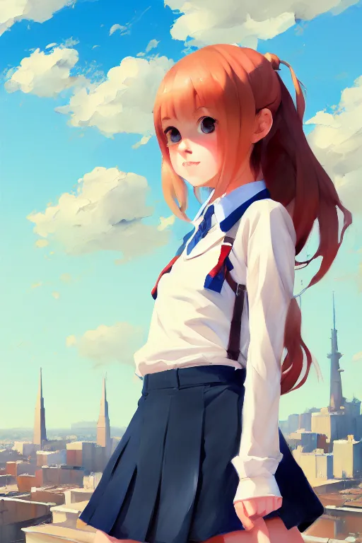 Image similar to gouache of a cute girl wearing school uniform standing on the edge of the roof of a tall building, 8 k wallpaper, strong brush stroke, very high detailed, sharp focus, illustration, morandi color scheme, art station, by krenz cushart